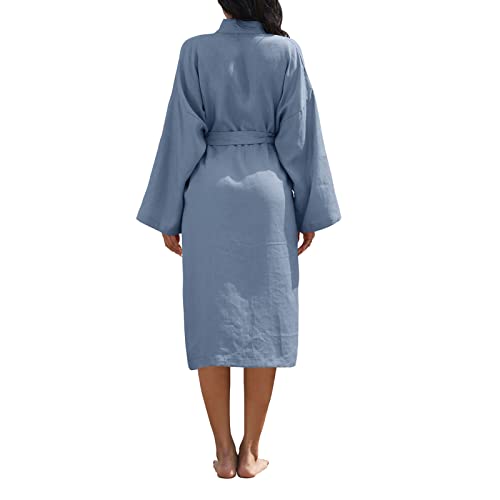 Image of Amazhiyu Womens Pure Linen Mid Length Kimono Robes Lightweight Long Sleeve Bathrobe