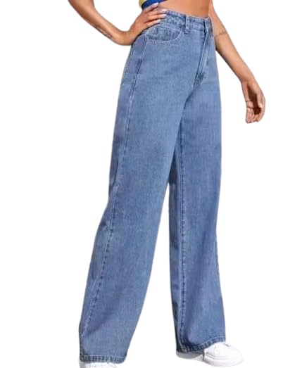 Women's High-Waist Wide Leg Jeans, Light Blue, Loose Baggy Straight Fit Denim-picture-34