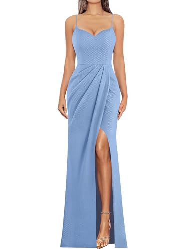 Image of VFSHOW Womens Sexy Formal Ruched Fitted High Slit Bodycon Maxi Dress Spaghetti Strap Sweetheart Cocktail Prom Evening Gown