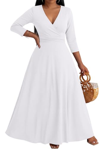 Image of CLOCOR Maxi Dress for Women Long Summer Short Sleeve Evening Formal V Neck A Line Dresses Wedding Guest Empire Waist Elegant