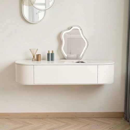 Moderna mesa de maquillaje blanca con espejo iluminado, tocador montado en la pared y escritorio esquinero con cajones de almacenamiento y estante para decoración elegante de dormitorio
