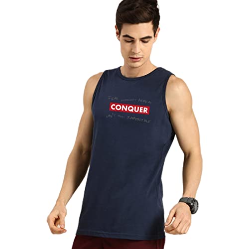 Image of Bewakoof Men's Typography Blue Round Neck Sleeveless Vest