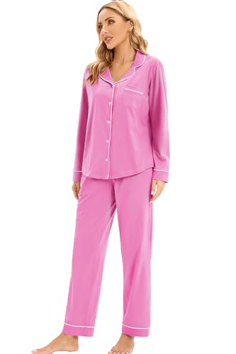 Image of LUBOT 100% Cotton Pajamas for Women Pajama Set Soft 2 Piece Sleepwear PJ Set Long Sleeve Knit Button Cozy Loungewear XS-XXL