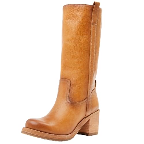 Mid Calf Banana Boots for Women Chunky Block Heel Knee High Boots Pull on Round Toe Riding Boots Dressy Fall Winter Boots