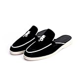 XOBZJH Designer Women's Mules Flat Heel - Black Suede Leather Flats with Tassel Detail, Comfortable Slip-On Backless Loafers,Casual & Work Shoes