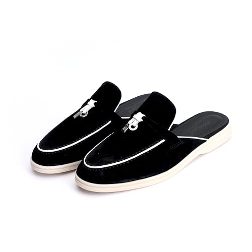 XOBZJH Designer Women's Mules Flat Heel - Black Suede Leather Flats with Tassel Detail, Comfortable Slip-On Backless Loafers,Casual & Work Shoes