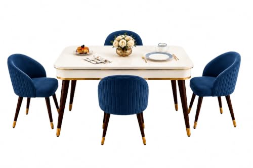 Image of WOODEN SPACE 4 Seater Wooden Dining Table Set | Urban Marble Top Dining Table with Chairs for Dining Room & Kitchen (Majestic Classic Backline Navy Blue) (42 x 42 x 30 inch)