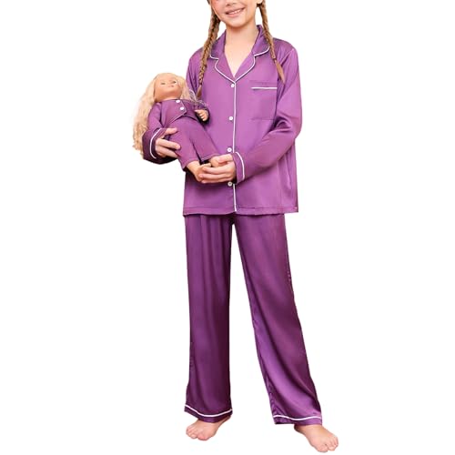 QPANCY Matching Girls&Dolls Pjs Sets 2 Pieces Solid Color Long Sleeve Silk Pajamas Set Fall Winter American Girl 18 inch Doll Button Down Purple Satin Sleepwear,Size 6 7