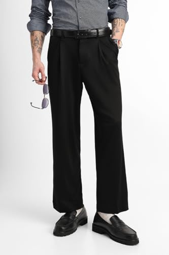 Image of SNITCH Men Casual Trousers | Loose Fit Pleated Front Plain Wide-Leg Style | Lightweight Polyester Blend Medium-Stretch Fabric for Summer & All-Day Comfort Wear