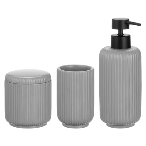 mDesign Fluted Resin 3-Piece Bathroom Vanity Countertop Accessories - Soap Dispenser, Tumbler Rinsing Cup, and Canister Holder Sets - Complete Modern