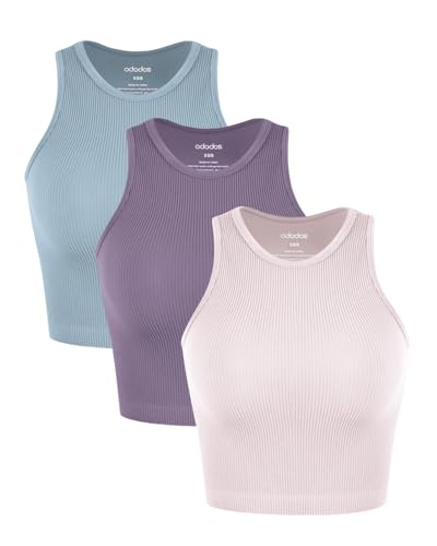 Image of ODODOS 3-Pack Seamless Crop Tank for Women Ribbed Soft High Neck Cropped Tops