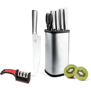 Knife Sets, CHUSHIJI 7Pcs Kitchen Knife Set with Block and Sharpening,Razor-Sharp Stainless Steel Knife Block Set, Small Knife Set Silver