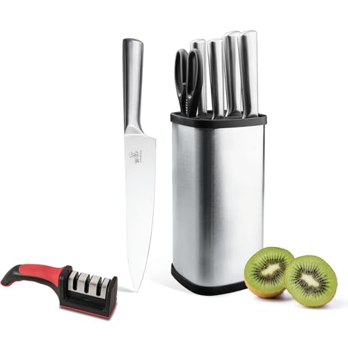 Knife Sets, CHUSHIJI 7Pcs Kitchen Knife Set with Block and Sharpening,Razor-Sharp Stainless Steel Knife Block Set, Small Knife Set Silver