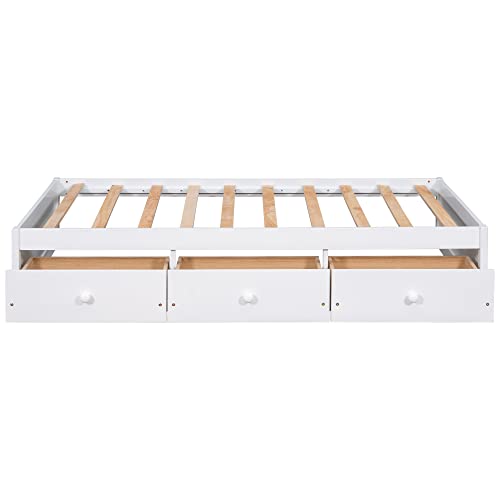 Doppelbett mit Stauraum, Kiefernholz, E-Bett mit 3 Schubladen und 10 Lamellen, einfaches Design, kein Kopfteil und Fußteil, kein Boxspringbett erforderlich, 197,9 x 106,2 x 35,8 cm (L x B x H), Weiß – Bild 8