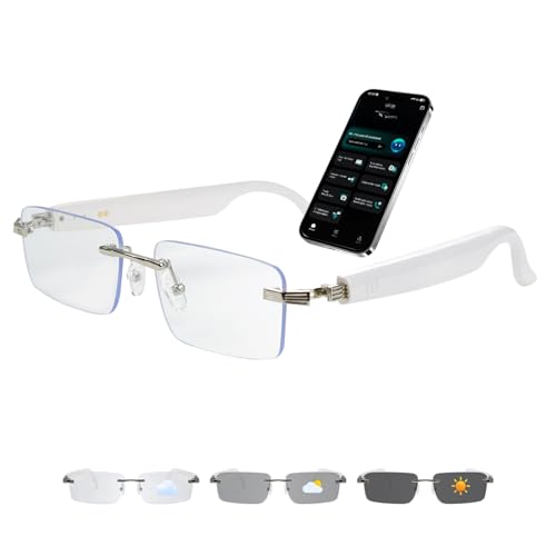 Image of AI Smart Glasses for Men & Women,Spring-hinged Bluetooth 6.0 Smart Glasses with 164 Languages (Real-Time Translation), Photochromic Lens,Free App,Rimless AI Translator Glasses for Work /Travel (White)