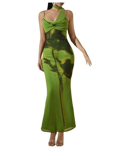 Verdusa Women's Floral Print Bodycon Fishtail Long Dress Sleeveless Draped Neck Halter Dress with Scarf