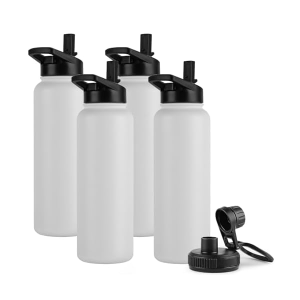 DOMICARE 40 oz Insulated Water Bottle Bulk, Vacuum Insulated Stainless Steel Sports Water Bottle with Straw Lid & Spout Lid, Leakproof, Reusable - Travel, Camping, Bike, White (4 Pack)