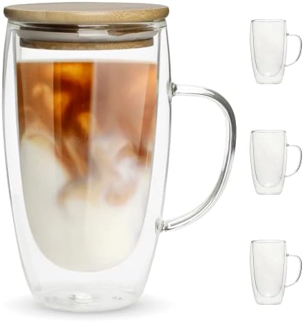 Double Walled Glass Coffee Mugs By Chef"s Unique Insulated Coffee Mugs With Handle And Bamboo Lid , Clear Glass Cups For Coffee Tea Latte Cappuccino Espresso 16 OZ (Set of 4)