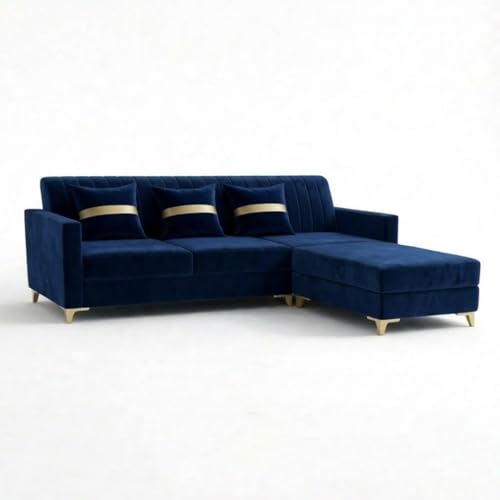 Image of CASASTYLE Groovy 4 Seater L Shape Sofa Set with Movable Ottoman | Flexible Left or Right Layout | Cozy Velvet Fabric | Soft Touch Seating | Modern Designer Sofa for Living Room (Dark Blue)