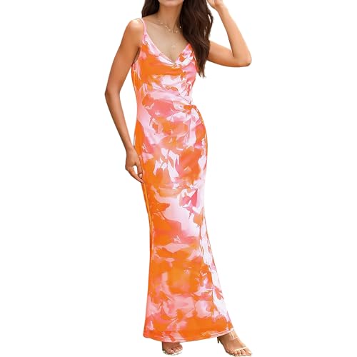 Image of Women's Spaghetti Strap Maxi Dress Floral Print Bodycon Long Dress Summer Beach Vacation Wedding Guest Outfits