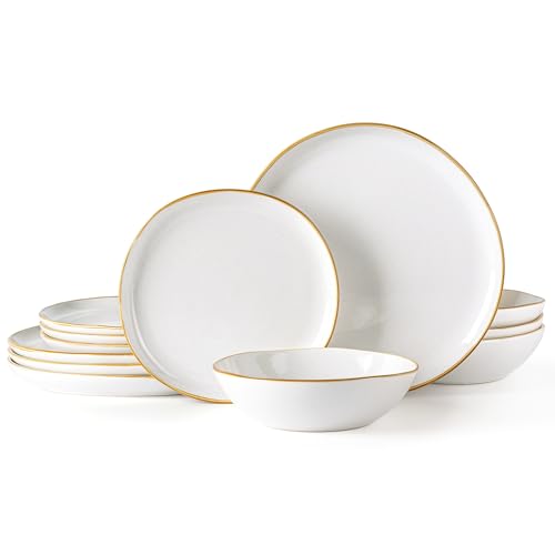 Image of AmorArc Ceramic Dinnerware Sets for 4, 12Pcs Plates and Bowls Sets Dishes | Stoneware Handmade Reactive Glaze Dinner Set, Highly Scratch Resistant | Dishwasher & Microwave Safe Dishware
