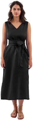 Amazhiyu Womens 100% Linen Summer V-Neck Midi Dresses Sleeveless ...