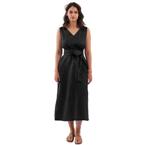 Amazhiyu Womens 100% Linen Summer V-Neck Midi Dresses Sleeveless with