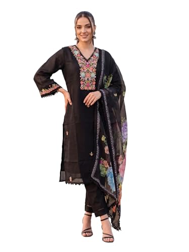 Image of INDO ERA Women's Silk Blend Embroidered Thread Work Kurta & Pant with Dupatta Set