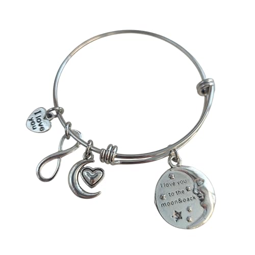 Pammytail I Love You to the Moon and Back Charm Bracelet Stainless Steel Expandable Bangle