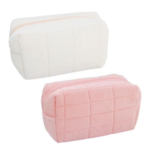 2 Pezzi Checkered Plush Cosmetic Bag - Travel Toiletry and Skin Care Storage, Portatile, Carino (Rosa/Bianco, 16*9*10cm)