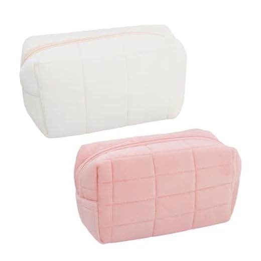 Juego de 2 bolsas de cosméticos a cuadros de peluche, bolsa de cuidado de la piel, bolsa de aseo portátil, apto para el almacenamiento de cosméticos (rosa, blanco), rosa/blanco, 16 x 9 x 10 cm, lindo,