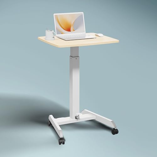 Image of JIN OFFICE Pneumatic Height Adjustable Table Desk | Hydraulic Sit Stand Laptop Table with Wheels and Foot Pedal for Height Adjustment| Portable Laptop Standing Desk (White Frame with Maple Top)