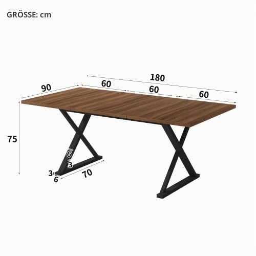 Merax Esstisch 180x90 cm, Moderner Dining Table mit Metallbeinen, Platz für 6–8 Personen, Robuster Küchentisch, Walnussholzfarbe + Schwarz – Ideal für Esszimmer & Küche