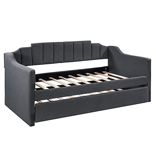 FAVSH Daybed with Trundle, Twin Size Upholstered Day Bed Frame for Bedroom Guest Room, No Box Spring Needed,Black