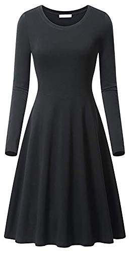 Chyu - Vestido de mujer con cuello redondo, manga larga Midi A Line, informal, elegante, fino Negro L