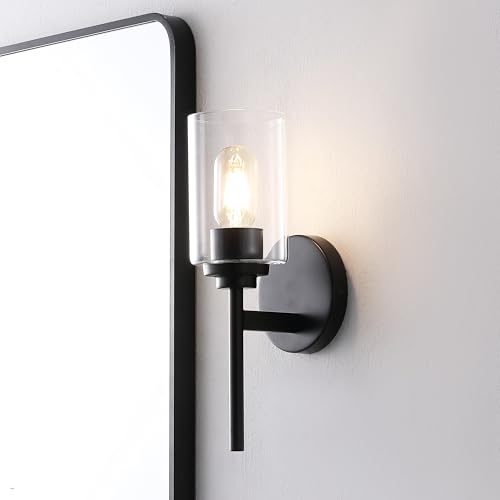 Image of JONATHAN Y 13 inch Black Clear 1-Light Metal Cylinder Wall Sconce Farmhouse Industrial Modern Indoor Lighting for Hallway Bathroom with Glass Shade LED Bulb Included JYL9547D