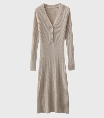100% Merino Wool Sweater Dress Women's Knitted Button V Neck Pullover Fall Winter Slim Long Tops4