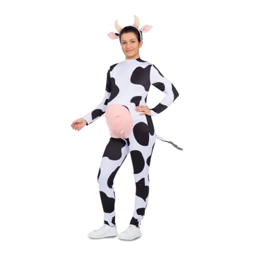 My Other Me Déguisement de vache noire et blanche pour femme enceinte avec bandeau et combinaison avec queue taille M. Costume amusant pour profiter avec humour de n'importe quelle fête à thème
