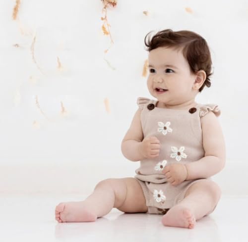Infant Baby Girl Summer Sleeveless Strap Bubble Romper One Piece Newborn Knitted Floral Bodysuit Outfit2