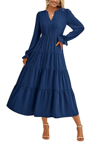 PRETTYGARDEN Long Sleeve Dress for Women 2025 Fall V Neck Tiered Aline Spring Elegant Modest Flowy Wedding Guest Maxi Dresses