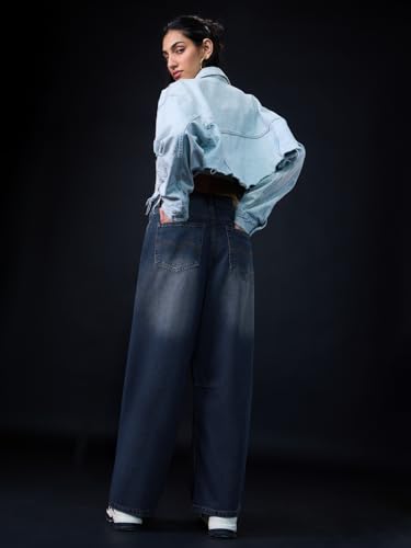 Image of The Souled Store: Barrel-Fit Denim: Women and Girls Washed Cotton Twill Barrel Fit Lightweight Adjustable Rise Everyday Casual Denim Jeans