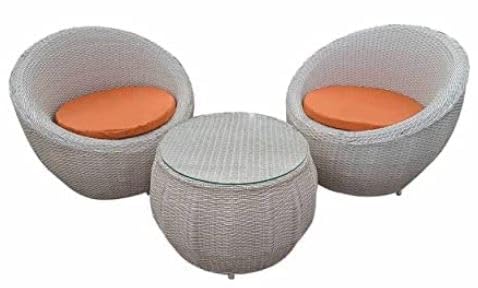 Image of PRATHAM India 2+1 Apple Patio Chair & Table Set with Cushion for Indoor Outdoor Seating Garden Balcony Patio Lawn Living Room Tea & Coffee Furniture Set (Cream with Black line & Orange Cushion)