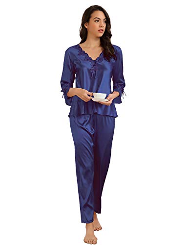 ohyeahlady Pyjamas Femmes Soie Pyjama Satin Ensemble Col V VêTement De Nuit à Pois Classique T Shirt Haut Et Pantalon (Foncé Bleu, M-L) Cover