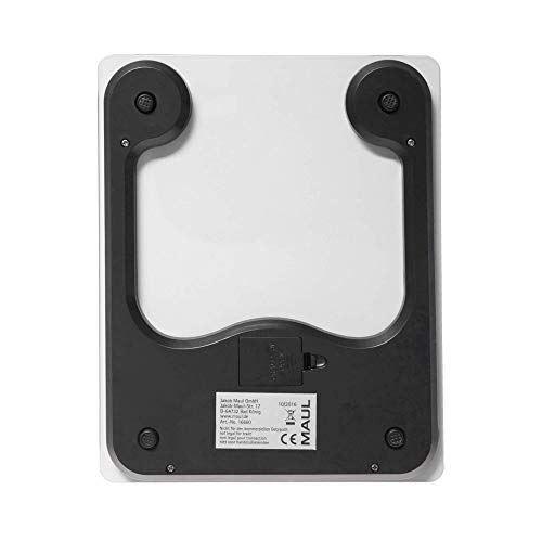 MAUL Briefwaage MAULgloss 16,5 x 17 cm | Waage bis 5kg belastbar | Moderne Küchenwaage mit Glasoberfläche | Automatische Nullstellung und Abschaltautomatik | Inklusive Batterien | Weiß
