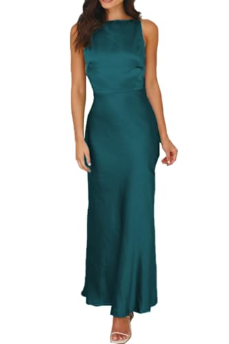 Image of Summer Satin Maxi Dresses for Women 2026 Elegant Classy Silk Formal Sleeveless Open Back Spaghetti Strap Wedding Guest Dress