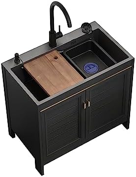 Commercial Free Standing Black Kitchen Sink Cabinet with Glass Rinser, Utility Washing Hand Basin for Prep & Laundry, Industrial Sink (Size: 60x45x80cm)