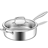 E-far 10 Inch Tri-Ply Stainless Steel Saute Pan, 4.5 Quart Deep Frying Pan with Lid, Kitchen Skillet, Healthy Non-toxic Cooking Pan for Induction Ceramic Gas Stoves, Heavy Duty, Oven & Dishwasher Safe
