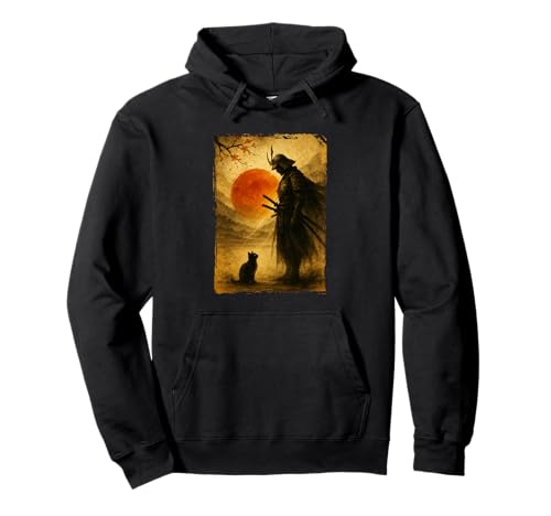 Samurai Warrior & Fighter | Black Cat, Vintage Japanese Art Pullover Hoodie