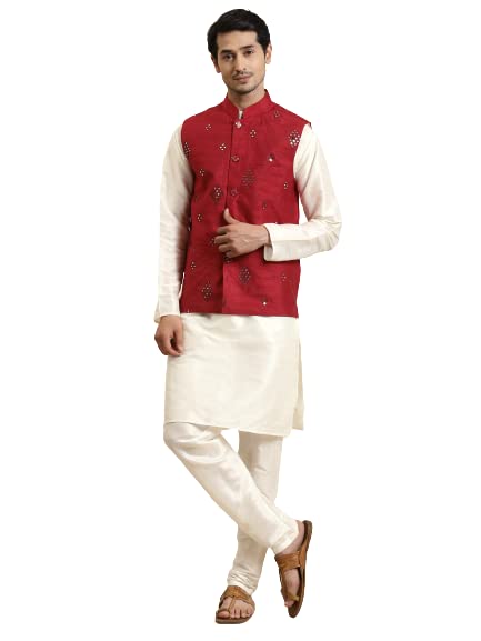 sojanya (Since 1958 Men's Silk Blend Cream Kurta & Churidaar Pyjama with Mirror Work Nehru Jacket Set-picture-43