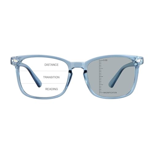 Image of Vintage Square Progressive Multifocal Presbyopic Glasses, Photochromic Gray Sunglasses for Men Women Readers (Clear Blue,+0.00 /+2.00 Magnification)